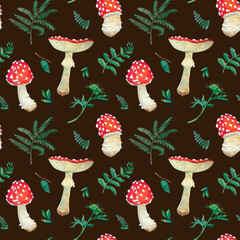 Watercolor mushrooms, leaves on brown background. Botanical illustration for postcards, posters, textile design.