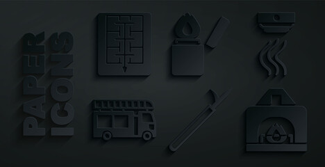 Set Metal pike pole, Smoke alarm system, Fire truck, Interior fireplace, Lighter and Evacuation plan icon. Vector