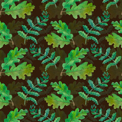Watercolor leaves on dark brown background. Botanical illustration for postcards, posters, textile design.