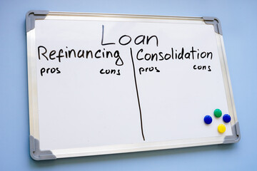 Whiteboard with written words Loan refinancing vs consolidation.