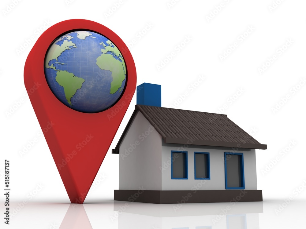 Poster 3d illustration search for property .a map with large red gps pointer containing