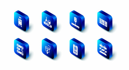 Set Wine bottle with glass, Train traffic light, ticket, End of railway tracks, E-ticket train, Emergency brake, Broken rails on and Suitcase icon. Vector