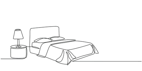 Continuous line drawing of double bed with table and lamp. Modern loft furniture for the bedroom in a minimalist single-line style. vector illustration in doodle style - obrazy, fototapety, plakaty