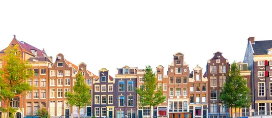 Schilderijen op glas Famous Amsterdam houses - background isolated on white. Various traditional houses in the historic center of Amsterdam. Amsterdam, Holland, Netherlands, Europe © Taiga