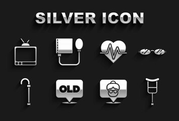 Set Nursing home, Eyeglasses, Crutch or crutches, Walking stick cane, Heart rate, Retro tv and Blood pressure icon. Vector