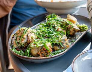 tempura vegan sushi rolls with eggplant and greens in a cafe healthy vegetarian food asian cuisine