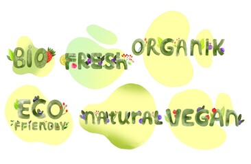 Fresh healthy organic vegan food logo labels and tags. hand drawn illustration. Vegetarian eco green concept 