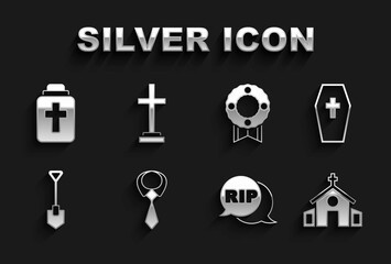 Set Tie, Coffin with cross, Church building, Speech bubble rip death, Shovel, Memorial wreath, Funeral urn and Grave icon. Vector