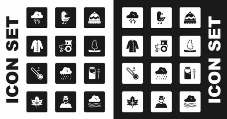 Set Winter hat, Tractor, Raincoat, Storm, Tree, Little chick, Jar of honey and dipper stick and Meteorology thermometer icon. Vector