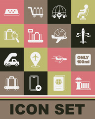Set Airport control tower, Liquids in carry-on baggage, Plane, Globe with flying plane, Scale suitcase, Lost, Taxi roof and icon. Vector