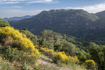Fototapeta premium View from a street in Dimitsana, a picturesque mountain village, built like an amphitheatre, surrounded by mountain tops and pine tree forests, Arcadia region, central Peloponnes, Greece