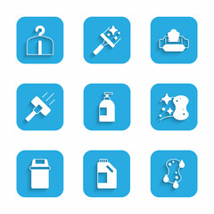 Set Dishwashing liquid bottle, Bottle for cleaning agent, Sponge, Trash can, Vacuum cleaner, Wet wipe pack and Hanger wardrobe icon. Vector