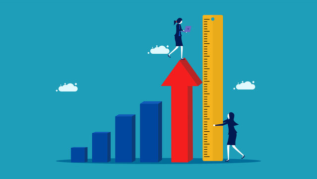 Business Women Measure Business Standards. Measuring Growth Efficiency. Success Assessment Vector