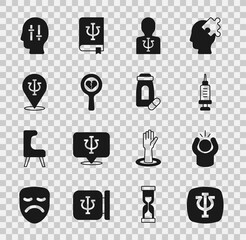 Set Psychology, Psi, Anger, Addiction to the drug, Broken heart or divorce, Solution problem and Sedative pills icon. Vector