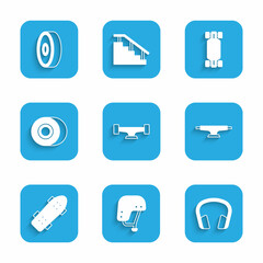 Set Skateboard wheel, helmet, Headphones, Longboard or skateboard and ball bearing icon. Vector