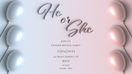 Invitation for gender reveal party. He or she postcard. Baby shower announcement banner in soft pink and blue pastel colours background, 3d. Boy or girl, trending illustration trending