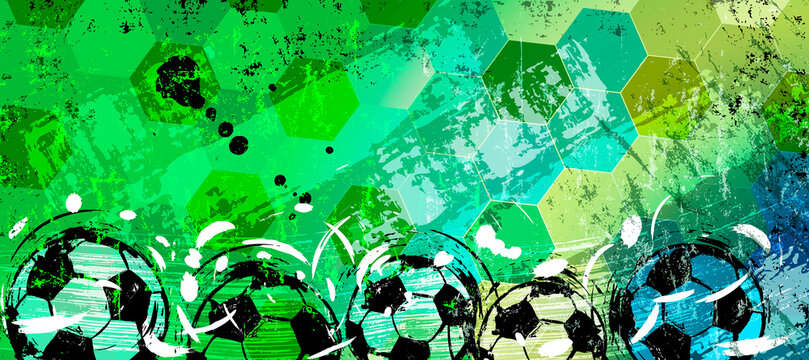 Fototapeta abstact background with football, soccer ball, paint strokes and splashes, grungy, free copy space