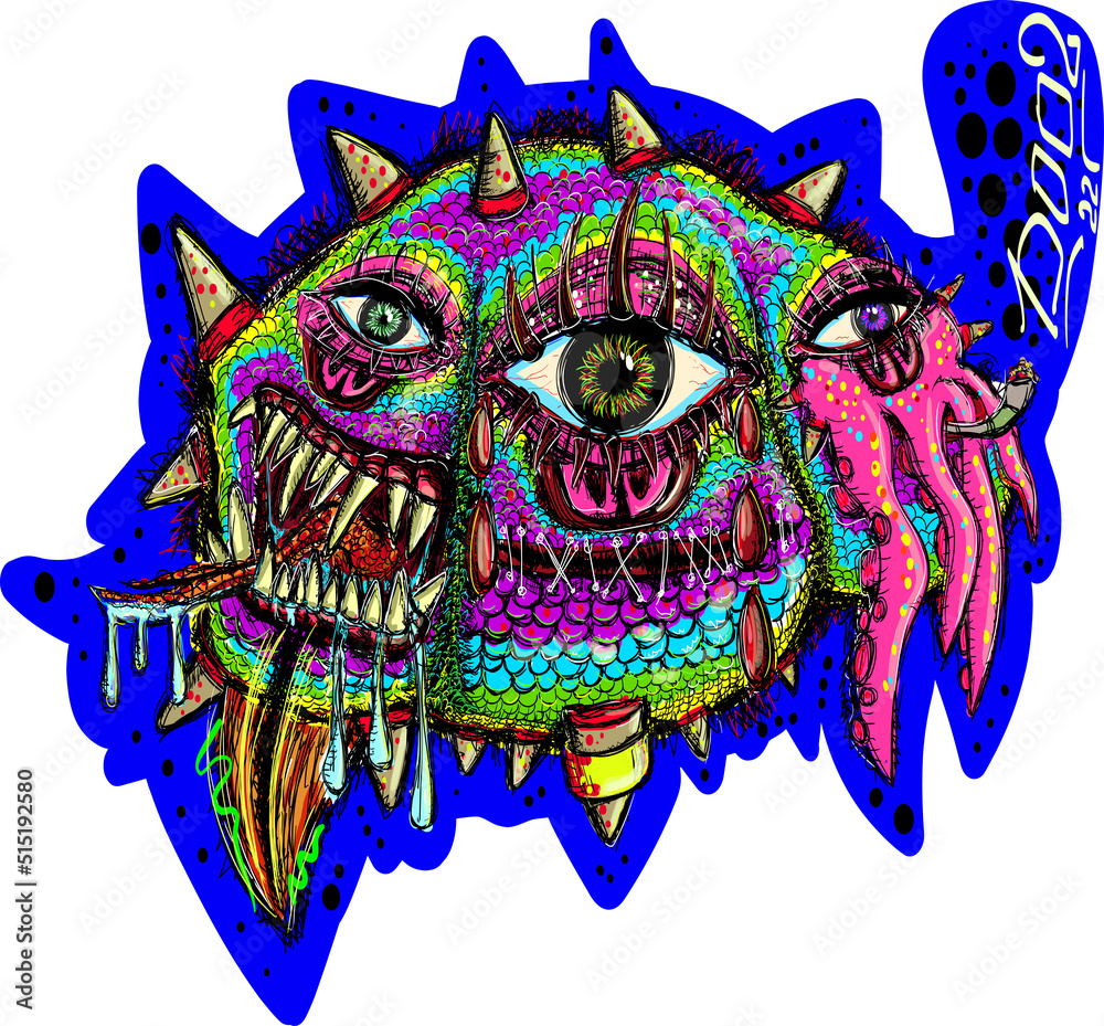 Wall mural Character with three - faced scary devil or alien doodle style. Psychedelic fantasy style. Hand drawing. Sticker, logo, print.