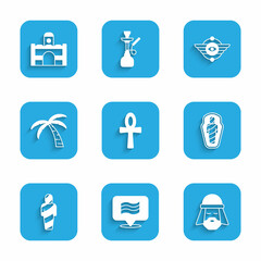 Fototapeta premium Set Cross ankh, Flag Of Egypt, Egyptian man, mummy in sarcophagus, Tropical palm tree, symbol Winged sun and house icon. Vector