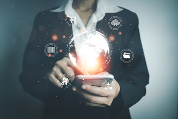 Concept global data connection with internet technology, user using smartphone for online transactions by internet technology, big data, database management, cloud computing, cashless society.