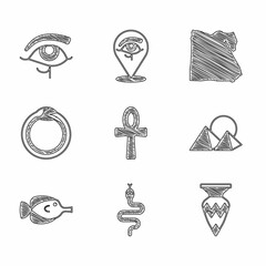 Fototapeta na wymiar Set Cross ankh, Snake, Egyptian vase, pyramids, Butterfly fish, Magic symbol of Ouroboros, Map and Eye Horus icon. Vector