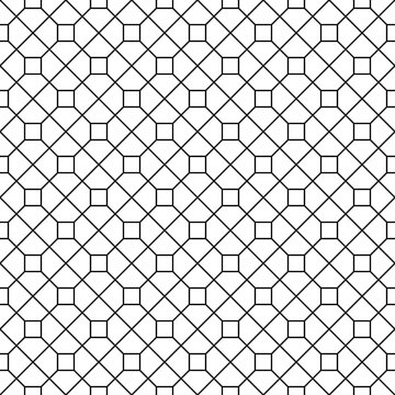 Repeated white polygons on black background. Symmetric geometric figures wallpaper. Seamless surface pattern design with pentagons and squares. Tiles motif. Digital paper for textile print. Vector art