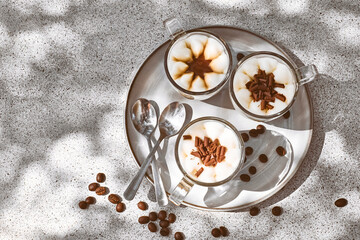 Obraz na płótnie Canvas Traditional Italian dessert Tiramisu in glass cups on gray table. National cuisine recipe. Summer refresh coffee cream sweet mousse dish.