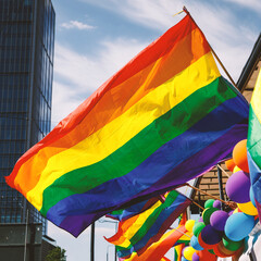 Lgbt pride rainbow flag during parade in the city .