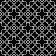 Repeated white polygons on black background. Symmetric geometric figures wallpaper. Seamless surface pattern design with pentagons and squares. Tiles motif. Digital paper for textile print. Vector art