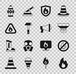 Fototapeta premium Set Fire flame, No fire, sprinkler system, protection shield, Hammer, triangle, hydrant and Megaphone icon. Vector