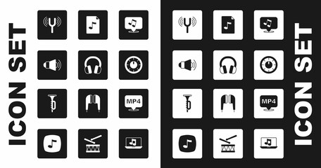 Set Music note, tone, Headphones, Megaphone, Musical tuning fork, Sound mixer controller, MP3 file document, MP4 and Trumpet icon. Vector