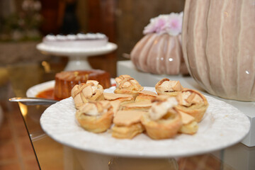 Delicious sweets and bakery at the wedding celebration. Wedding dessert buffet station.