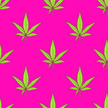 Seamless pattern with cannabis leaves in a bright neon palette. Green leaves of marijuana on a pink background. Ornament for fabric, wrapping paper, banner, digital paper.