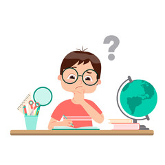 Vector illustration of a cartoon little boy doing hard homework on the table.
