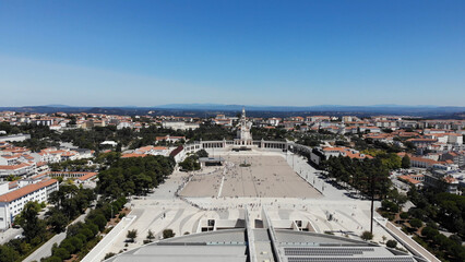 Aerial view of the Basilica of Our Lady of the Rosary of Fatima, the Basilica of the Most Holy Trinity, and Chapel of the Apparitions in Fatima, Portugal.