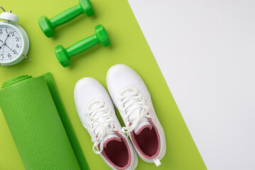 Fitness accessories concept. Top view photo of green exercise mat alarm clock dumbbells and white sneakers on bicolor green and white background with copyspace