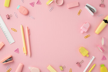 Top view photo of trendy school supplies marker pens ice cream shaped sharpeners ruler staplers clips adhesive tape pineapple shaped erasers on isolated pink background with copyspace in the middle - obrazy, fototapety, plakaty