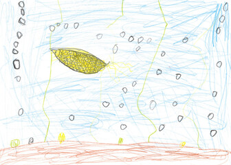 Fish kids drawing illustretion. Underwater cute pattern with marine fish.  A seabed for textiles, fabrics, clothing, children's. Kid, Pattern, Blue.