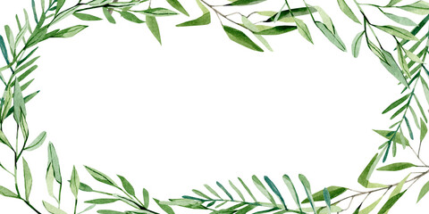 Greenery botanical seamless border design. Horizontal herbal banners with leaves abd branches on white background for wedding invitation, business products.