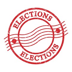 ELECTIONS, text written on red postal stamp.