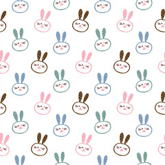 Seamless Pattern with Cartoon Rabbit Face Design on White Background
