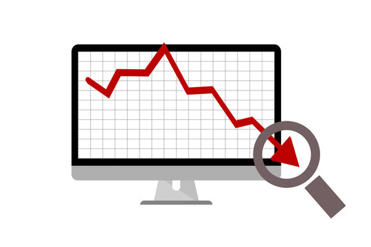 Computer Monitor With Stock Market Chart Going Down, Inspecting With A Magnifying Glass Showing Crisis Situation. 