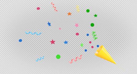 3d render of colorful confetti with party popper flying.