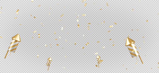 3d render of golden confetti with rocket firework flying.