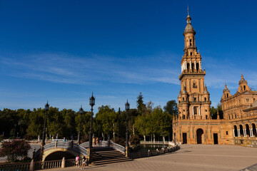 Fototapeta premium Seville, Spain, September 11, 2021: The Spanish Steps in Seville or 'Plaza de España', where the main building of the Ibero-American Exhibition of 1929 was built. The North Tower.