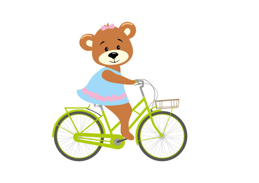 Cute cartoon bear girl rides a bicycle