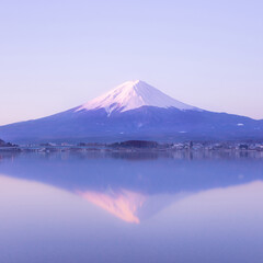 View of Mount Fuji and Lake Kawaguchi during pink sunrise