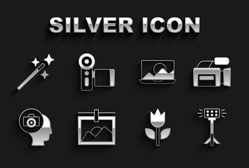 Set Photo frame, Cinema camera, Studio light bulb softbox, mode macro, retouching, and icon. Vector