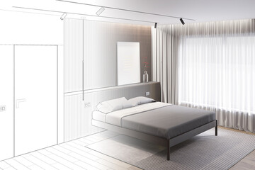 A sketch becomes a real dark modern bedroom with a vertical poster on the headboard of a minimalist bed with gray bedding, a window with silk curtains, and a modern door built into the wall. 3d render