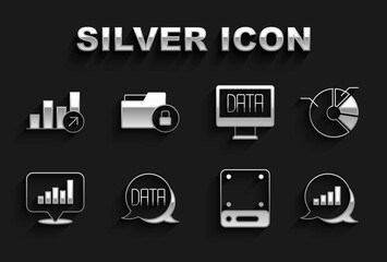 Set Data analysis, Pie chart infographic, Server, Financial growth and Folder and lock icon. Vector